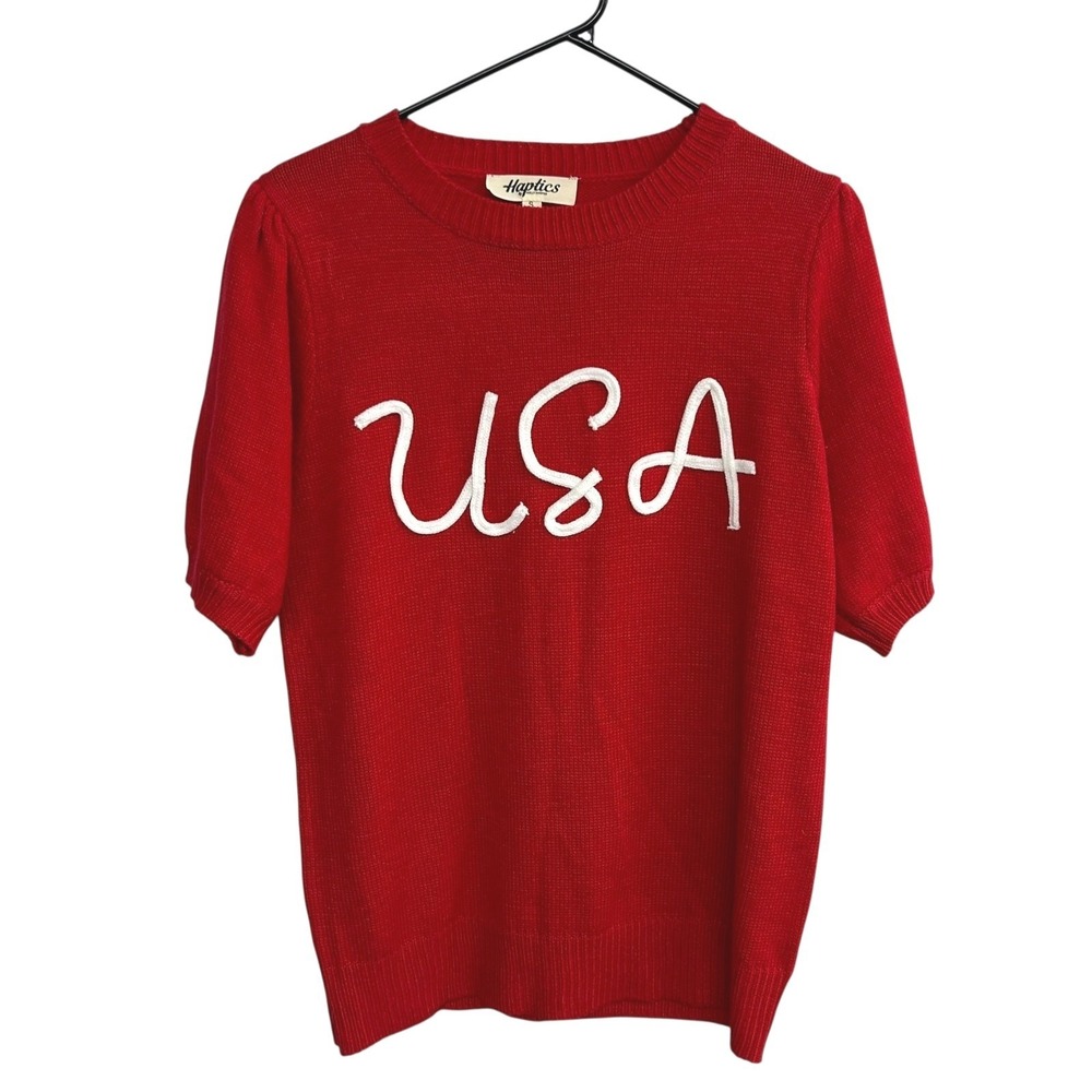 Haptics USA Knit Sweater Top S Red Short Sleeve Retro Prep Americana Statement‎